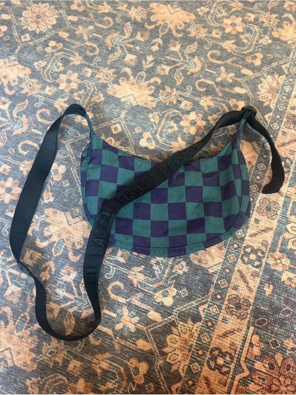 BAGGU Green and Navy Checkerboard Crossbody Bag Mini